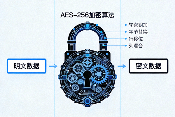 AES-256加密算法示意图：显示数据从明文通过复杂加密锁变为密文的过程