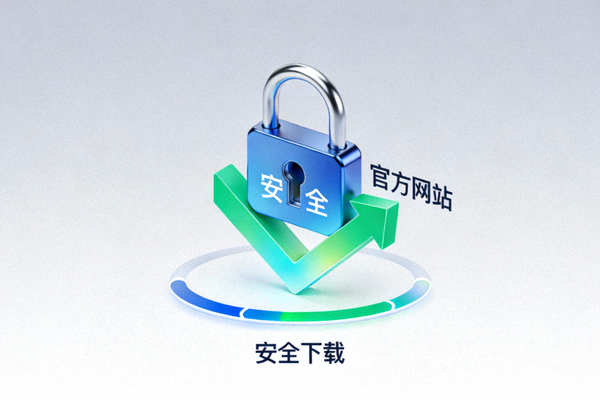 安全锁与下载箭头结合的概念图，象征从官方网站安全下载软件