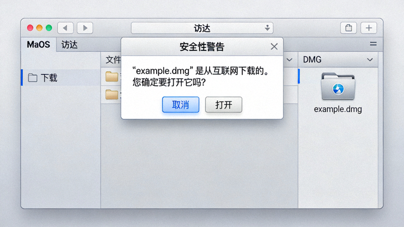 macOS访达窗口显示已下载的DMG文件以及安全提示弹窗
