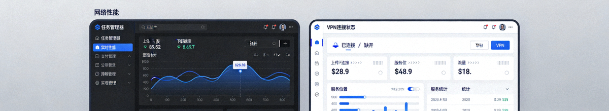 任务管理器网络性能图表与VPN应用程序并列显示，表示监控和排除本地干扰